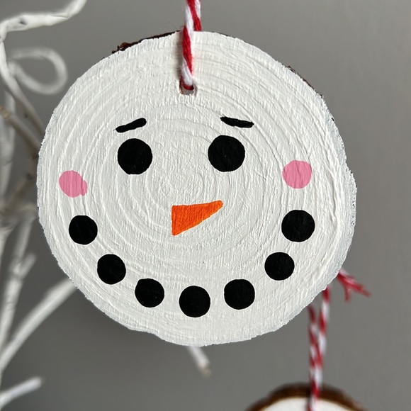 Handmade Snowman Painted Wooden Ornament Duo, Christmas Gift Decor Red White - Picture 3 of 7